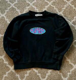 Playboy x PacSun Black Crewneck Sweatshirt with Embroidered Colorful Oval Logo